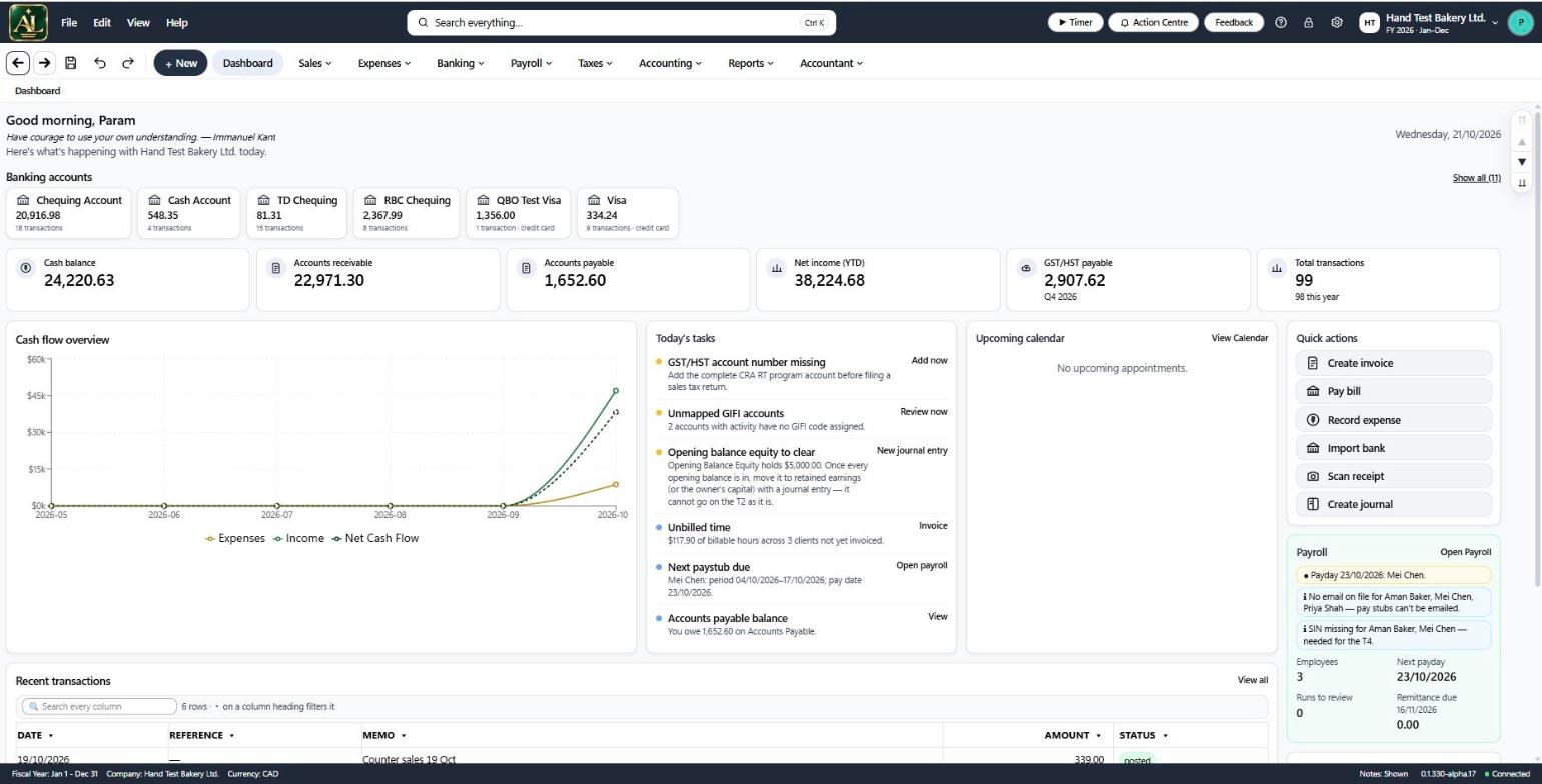 ApexLedger dashboard showing the bank account, cash balance, receivables, payables, net income, GST/HST payable, a cash-flow chart, today's tasks and quick actions